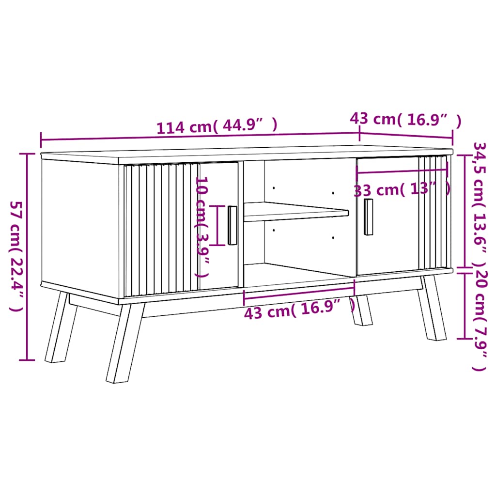 tv-bord OLDEN 114x43x57 cm massivt fyrretræ brun