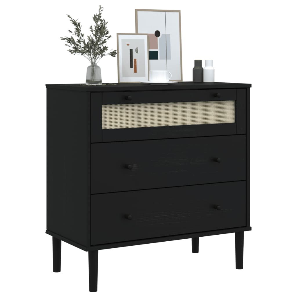 kommode SENJA rattanlook 80x40x80 cm massivt fyrretræ sort