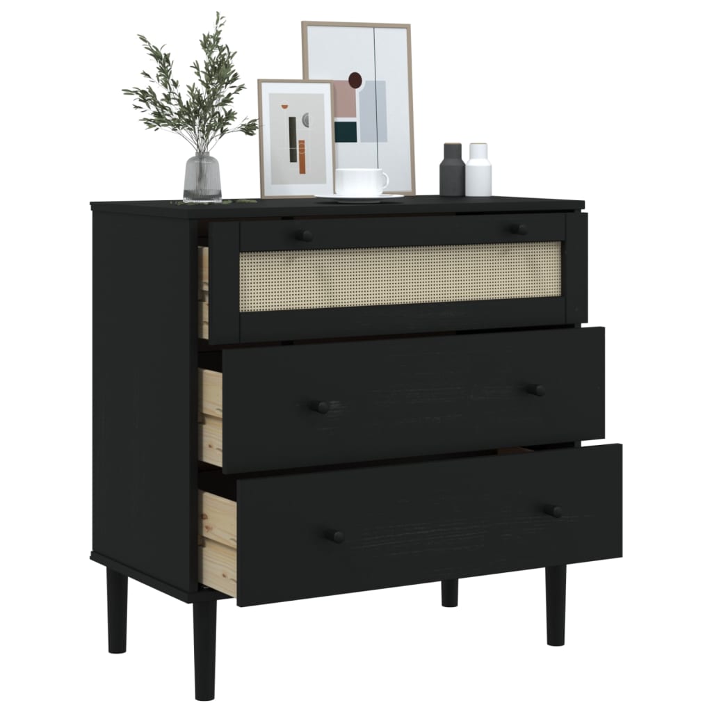 kommode SENJA rattanlook 80x40x80 cm massivt fyrretræ sort