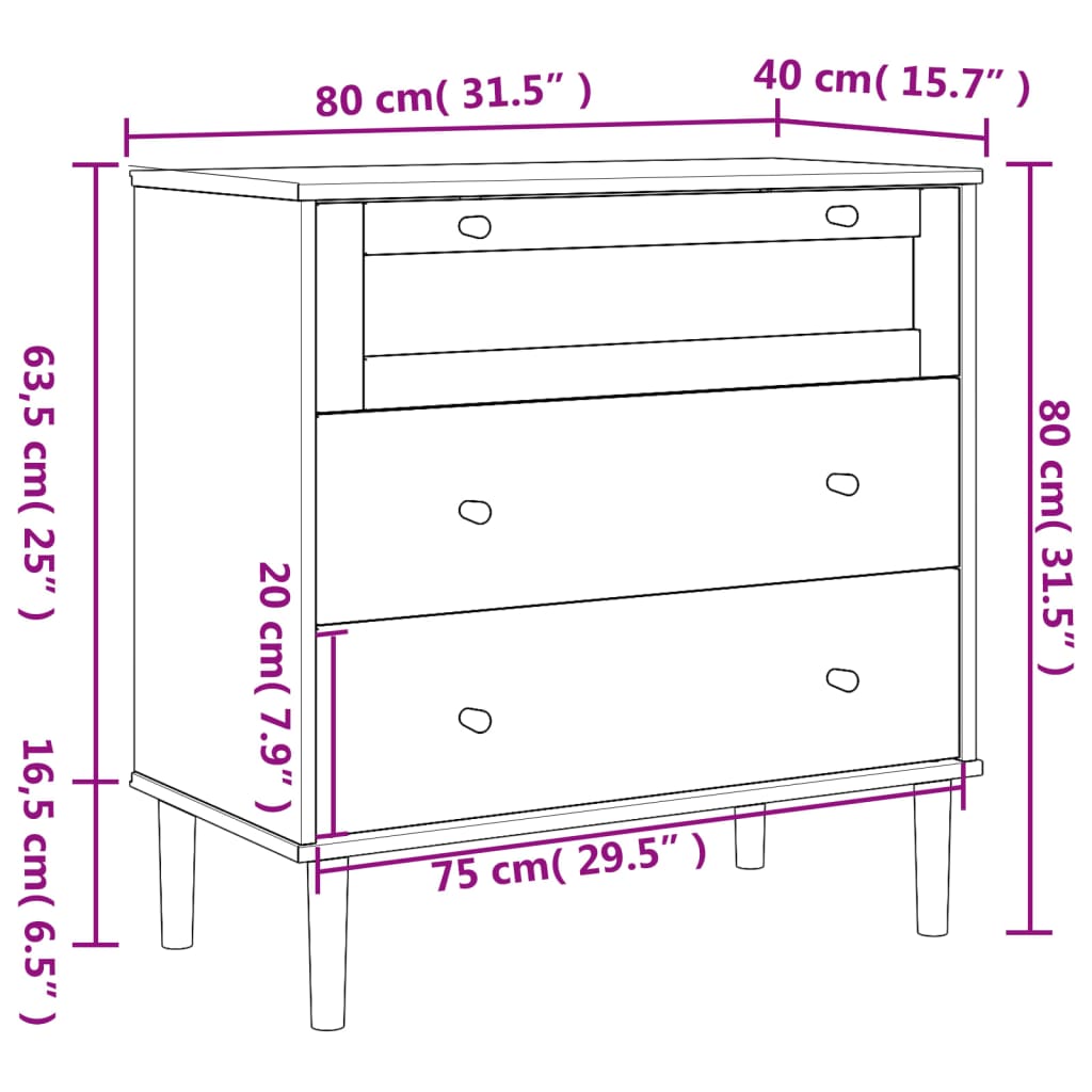 kommode SENJA rattanlook 80x40x80 cm massivt fyrretræ sort