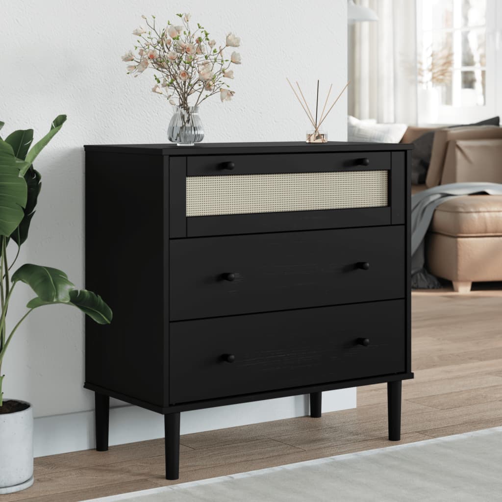 kommode SENJA rattanlook 80x40x80 cm massivt fyrretræ sort