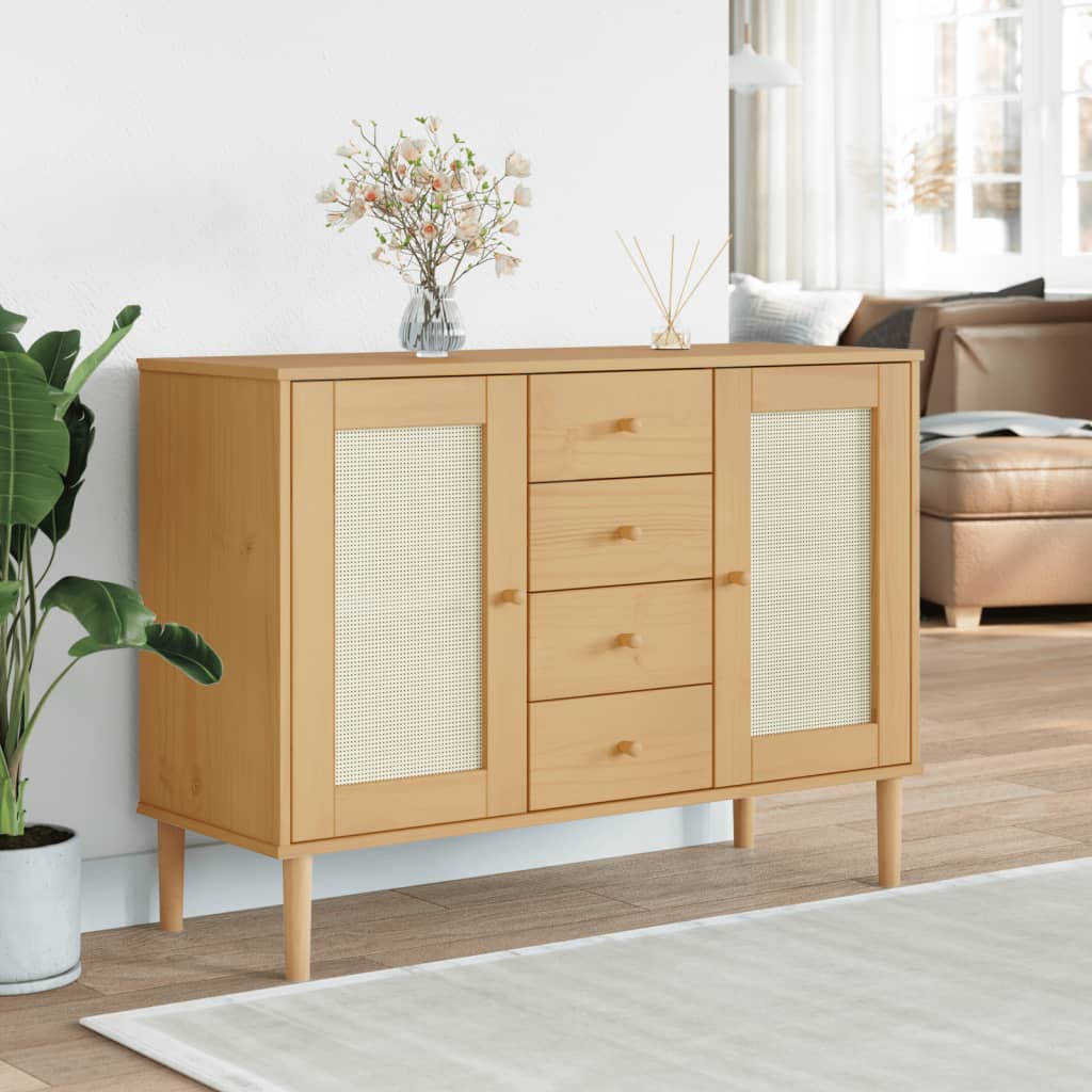 skænk SENJA 112x40x80 cm rattan-look massivt fyrretræ brun
