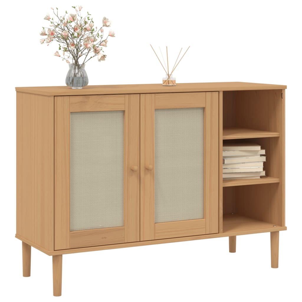 skænk SENJA 112x40x80 cm rattan-look massivt fyrretræ brun