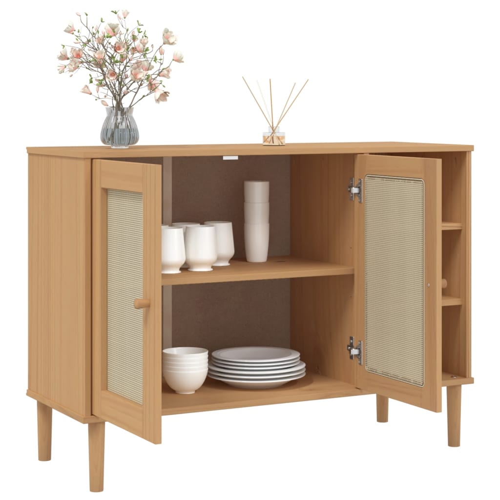 skænk SENJA 112x40x80 cm rattan-look massivt fyrretræ brun