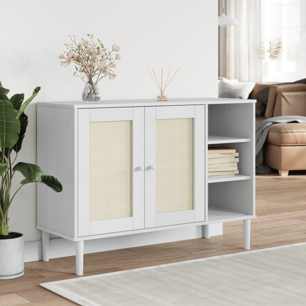 skænk SENJA 112x40x80 cm rattan-look massivt fyrretræ hvid