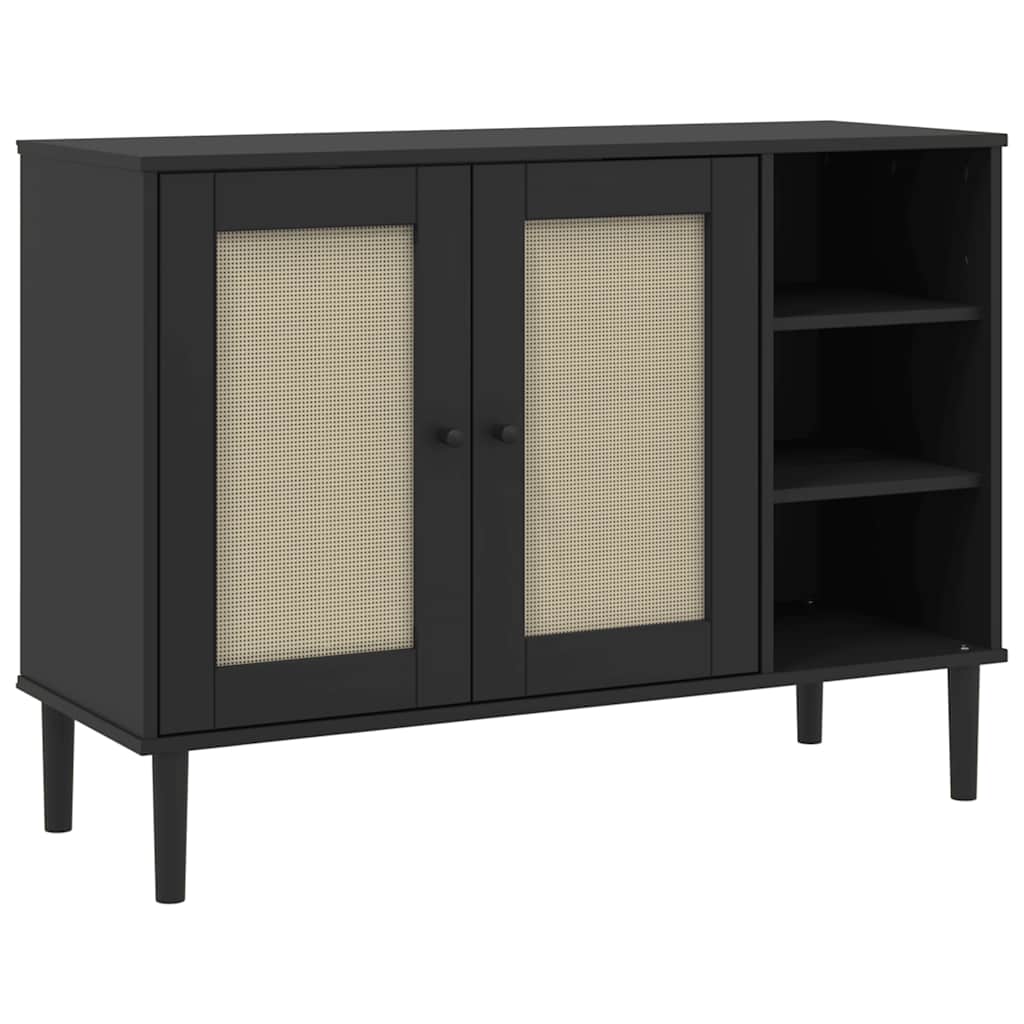 skænk SENJA 112x40x80 cm rattan-look massivt fyrretræ sort