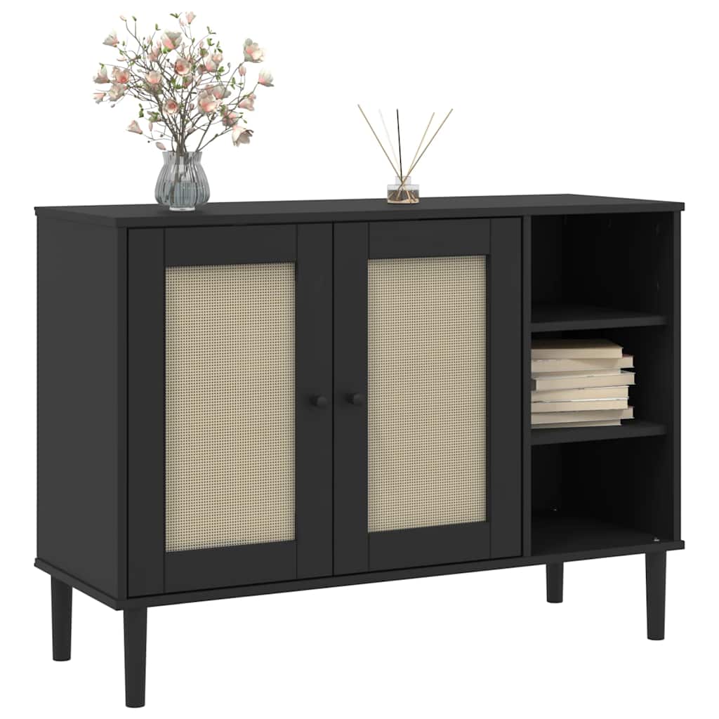 skænk SENJA 112x40x80 cm rattan-look massivt fyrretræ sort