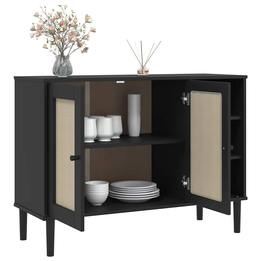 skænk SENJA 112x40x80 cm rattan-look massivt fyrretræ sort