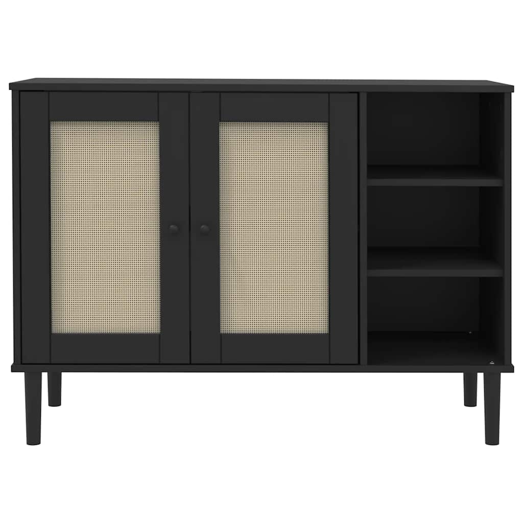 skænk SENJA 112x40x80 cm rattan-look massivt fyrretræ sort
