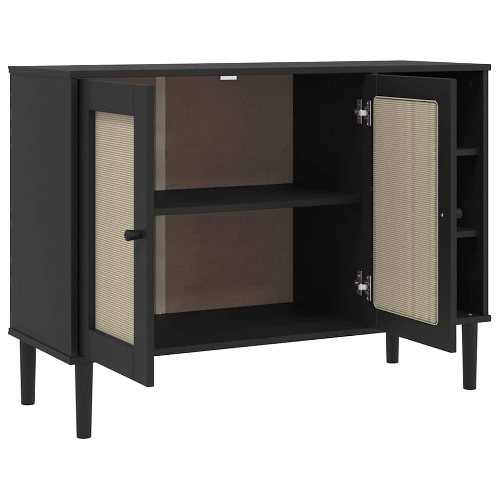 skænk SENJA 112x40x80 cm rattan-look massivt fyrretræ sort