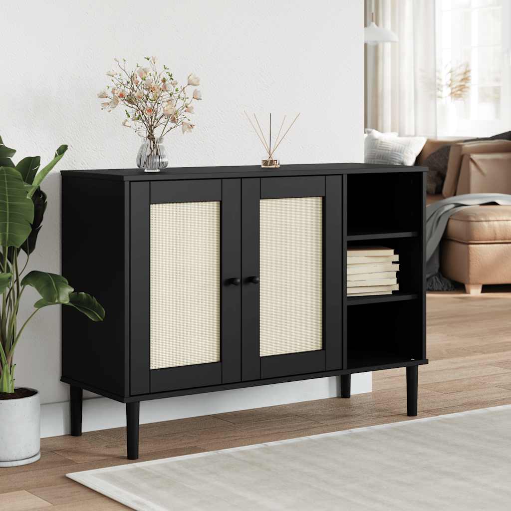 skænk SENJA 112x40x80 cm rattan-look massivt fyrretræ sort