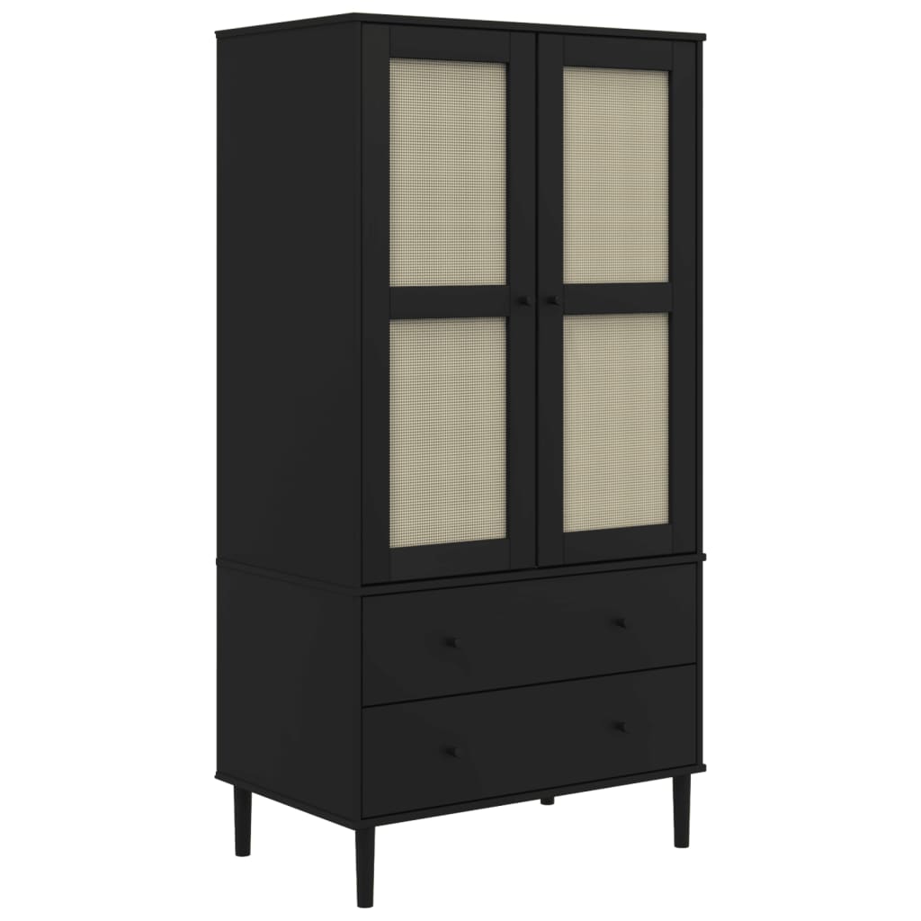 klædeskab SENJA 90x55x175 cm rattan-look massivt fyrretræ sort