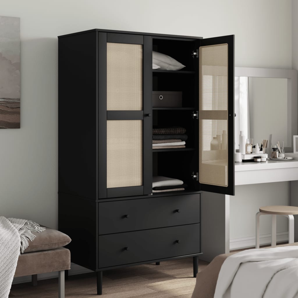 klædeskab SENJA 90x55x175 cm rattan-look massivt fyrretræ sort