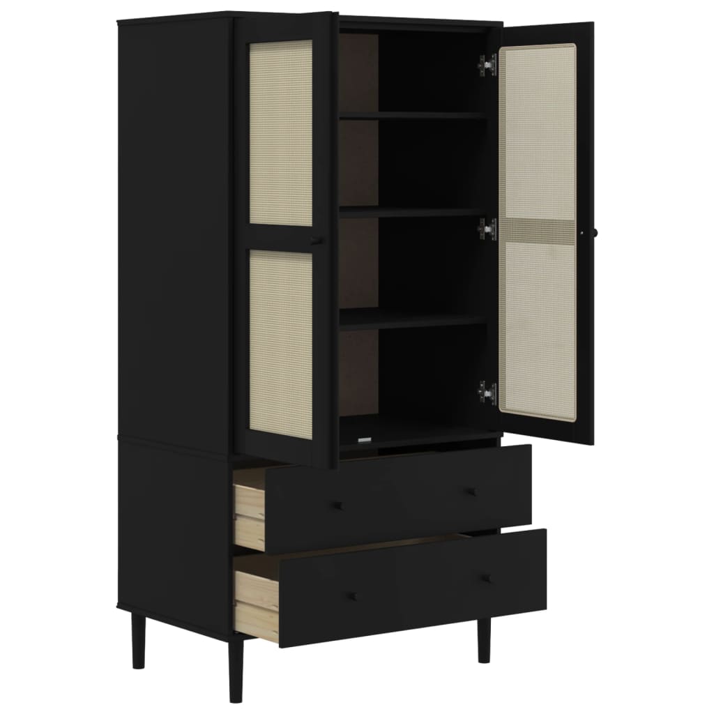 klædeskab SENJA 90x55x175 cm rattan-look massivt fyrretræ sort