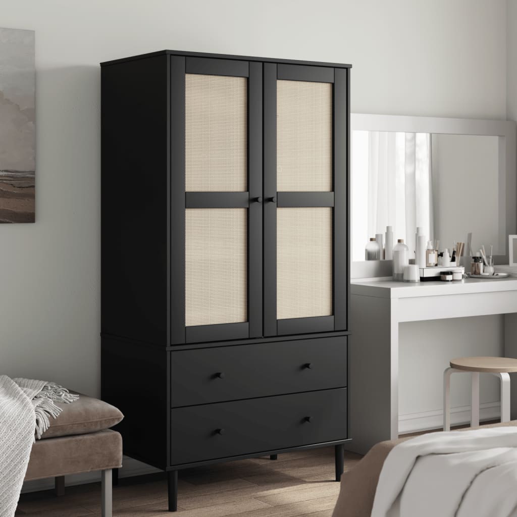 klædeskab SENJA 90x55x175 cm rattan-look massivt fyrretræ sort