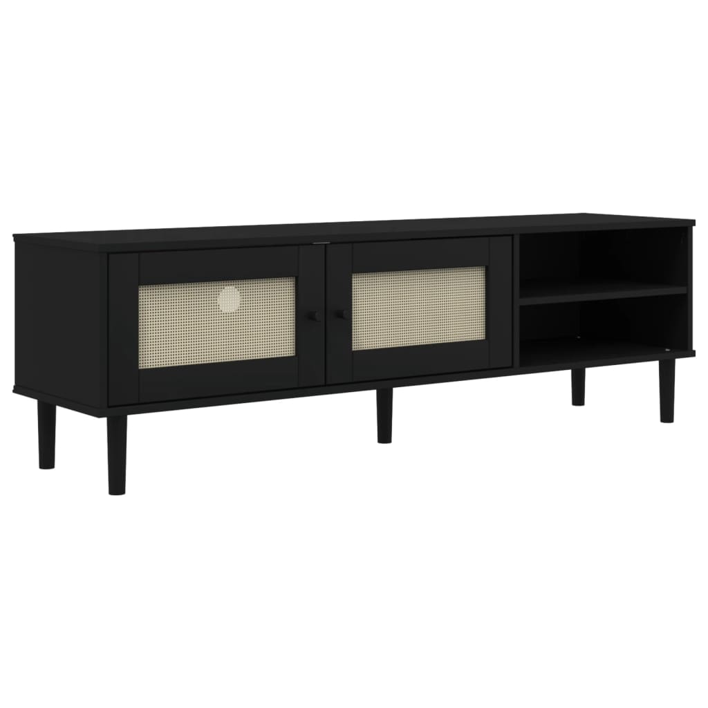 tv-bord SENJA 158x40x49 cm rattan-look massivt fyrretræ sort