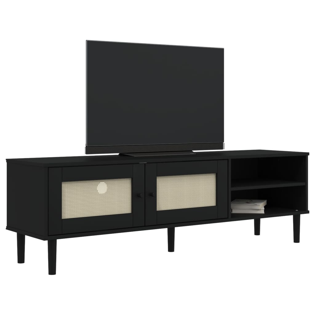 tv-bord SENJA 158x40x49 cm rattan-look massivt fyrretræ sort