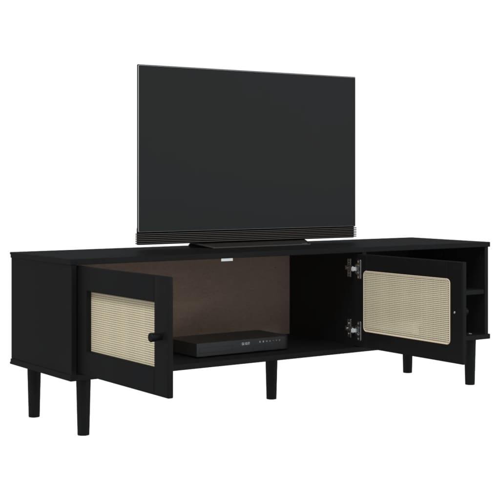tv-bord SENJA 158x40x49 cm rattan-look massivt fyrretræ sort