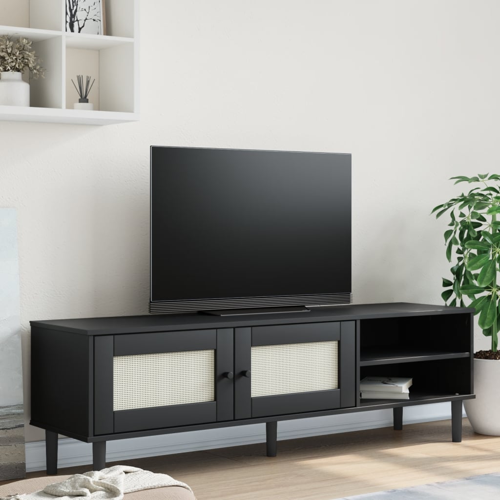 tv-bord SENJA 158x40x49 cm rattan-look massivt fyrretræ sort