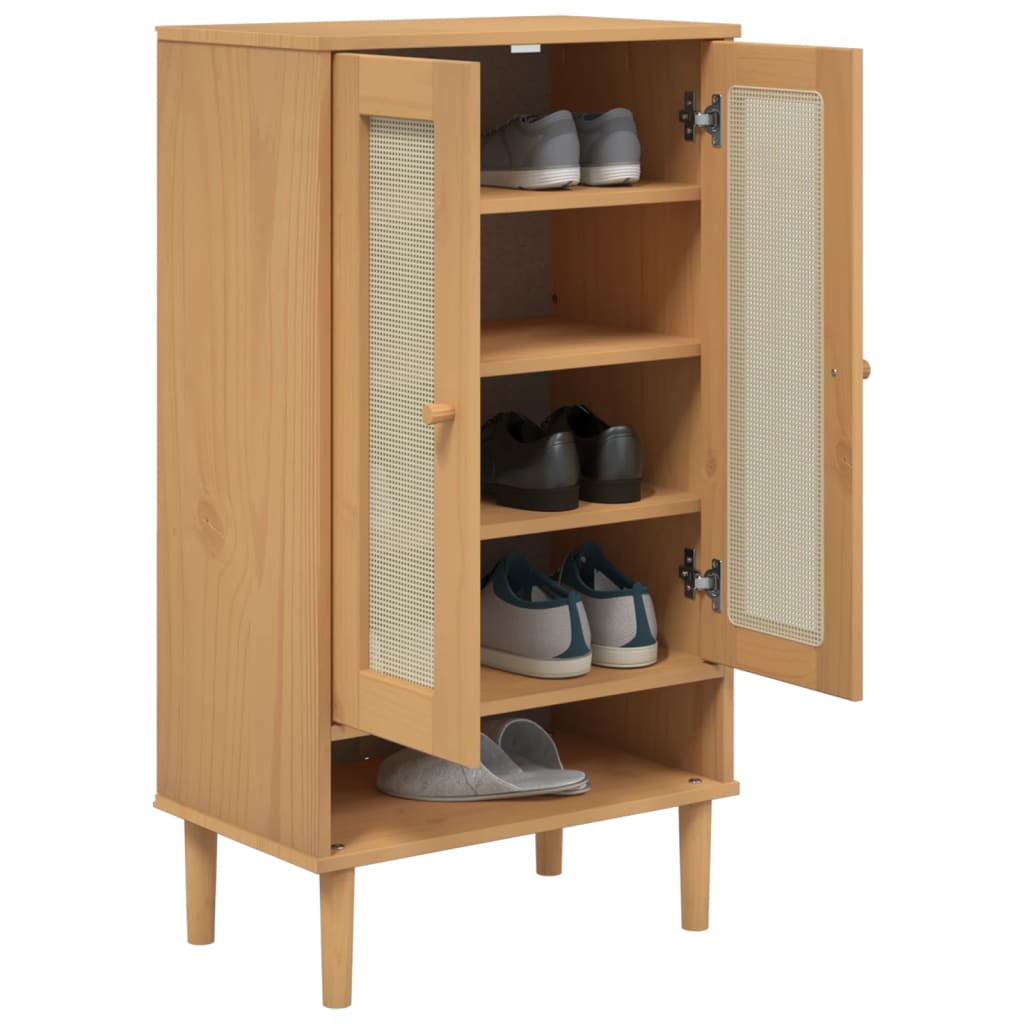 skoskab SENJA 59,5x35x107 cm rattan-look massivt træ brun