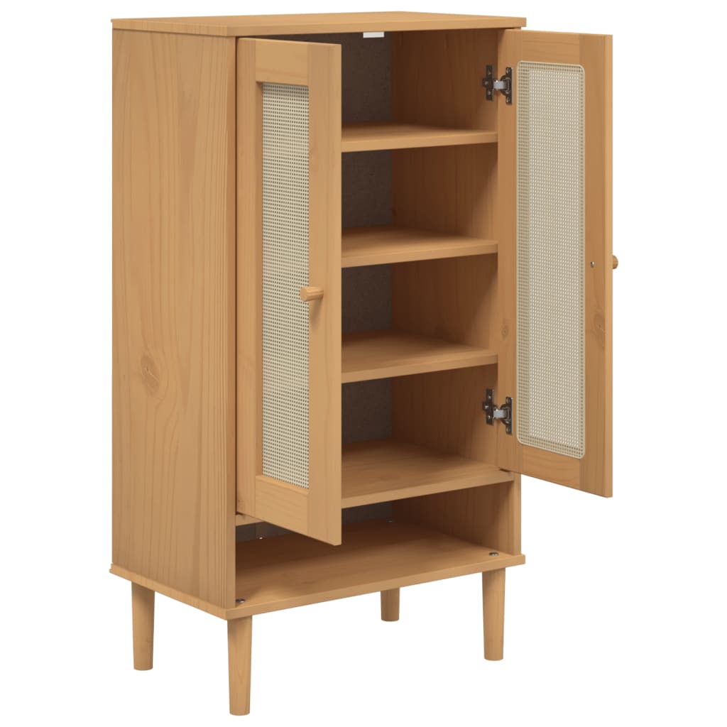 skoskab SENJA 59,5x35x107 cm rattan-look massivt træ brun