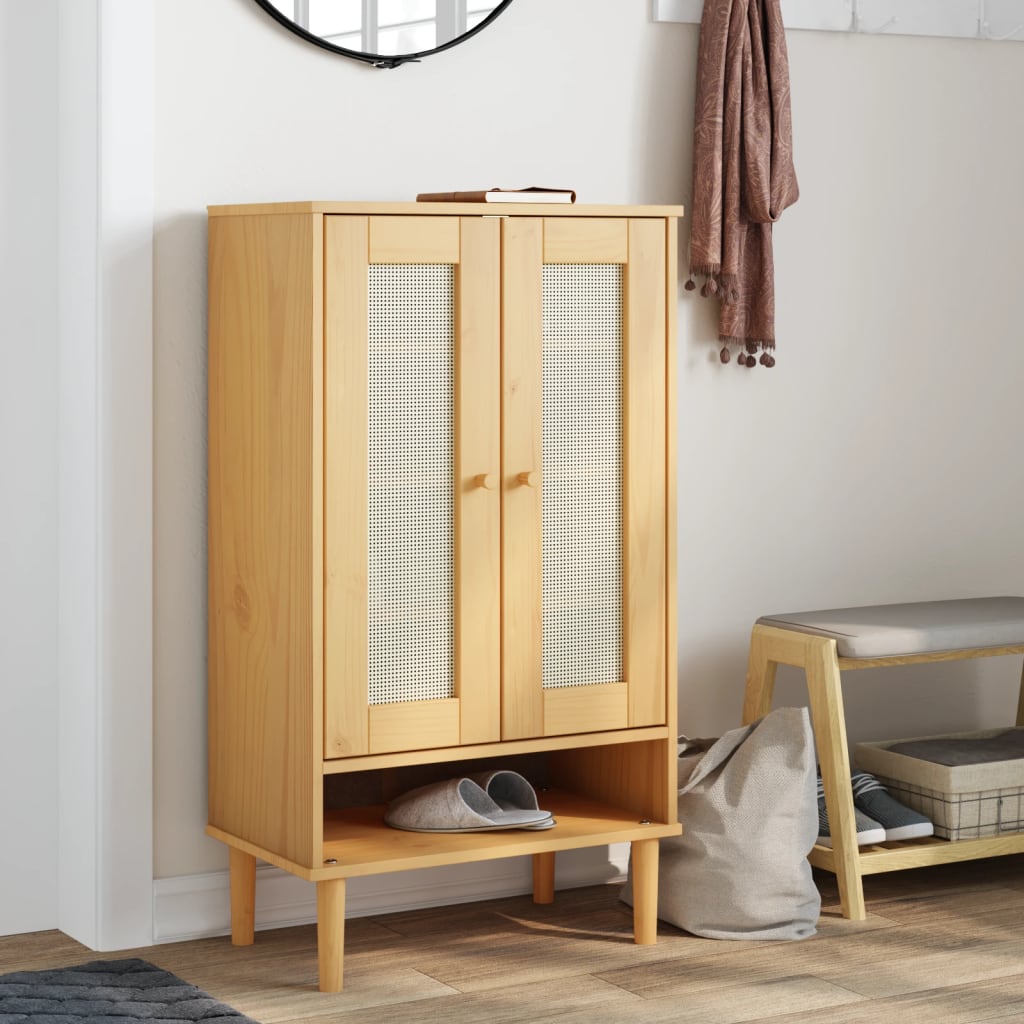 skoskab SENJA 59,5x35x107 cm rattan-look massivt træ brun