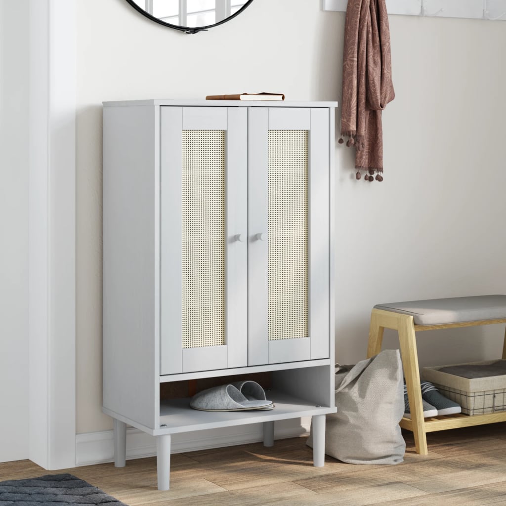 skoskab SENJA 59,5x35x107 cm rattan-look massivt træ hvid