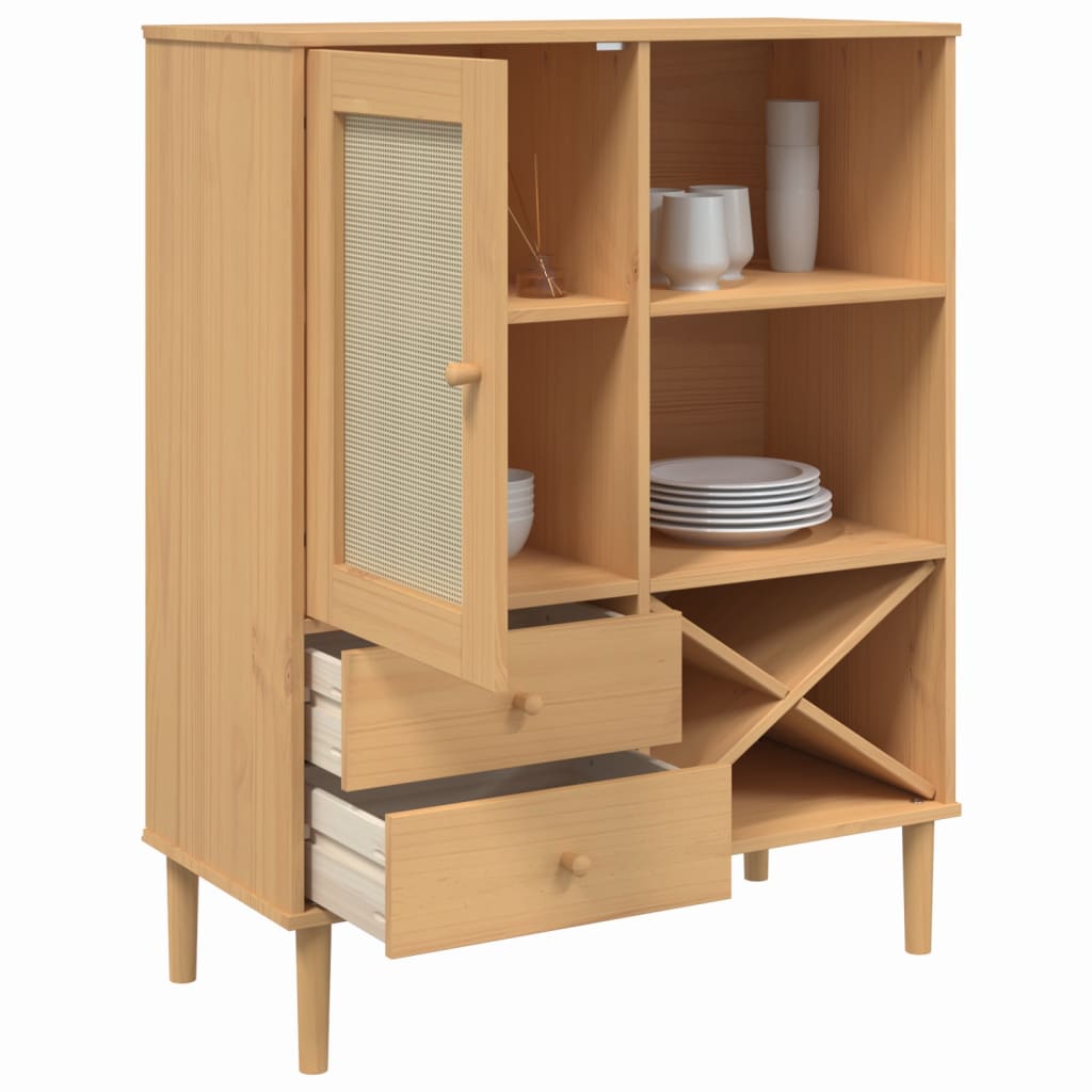 skænk SENJA 90x40x112 cm rattan-look massivt fyrretræ brun