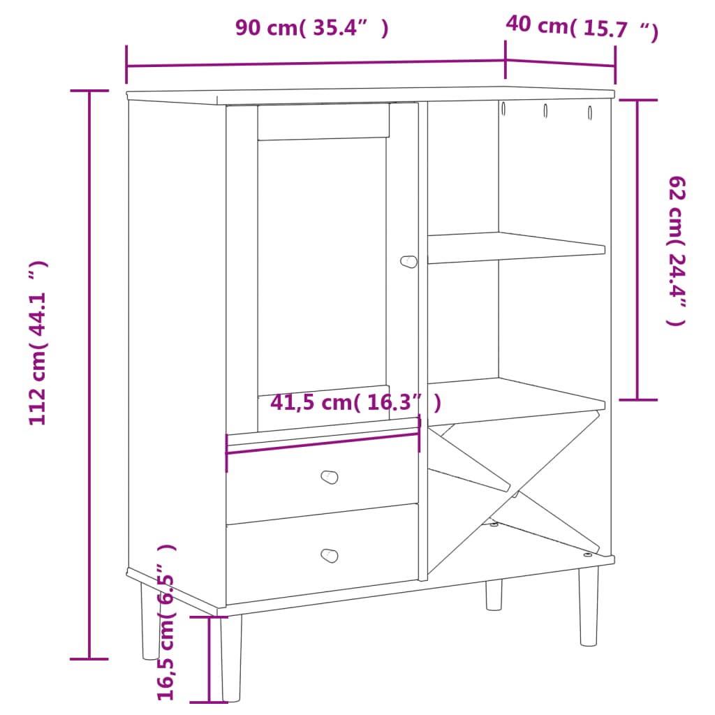 skænk SENJA 90x40x112 cm rattan-look massivt fyrretræ sort