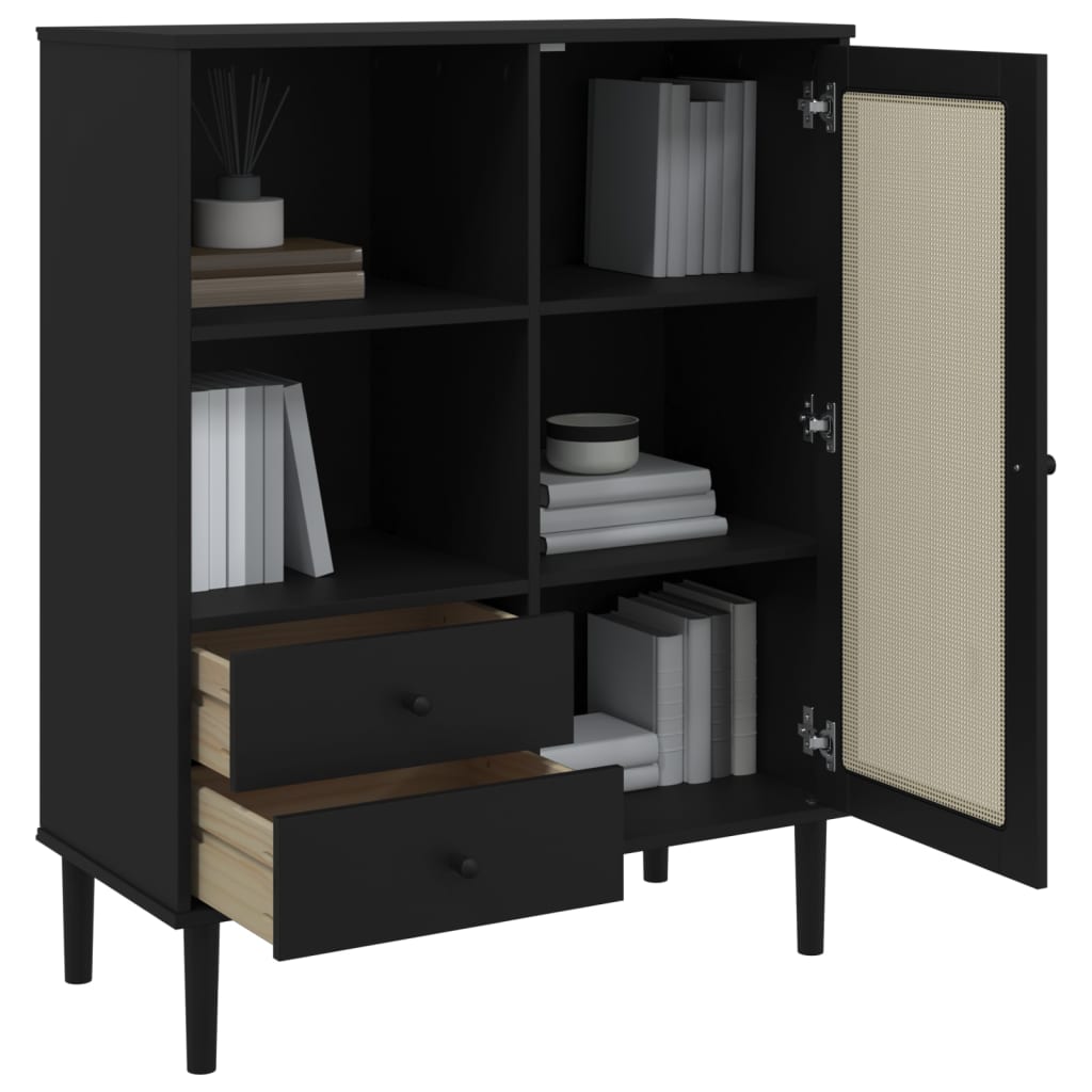 skænk SENJA 90x40x112 cm rattan-look massivt fyrretræ sort