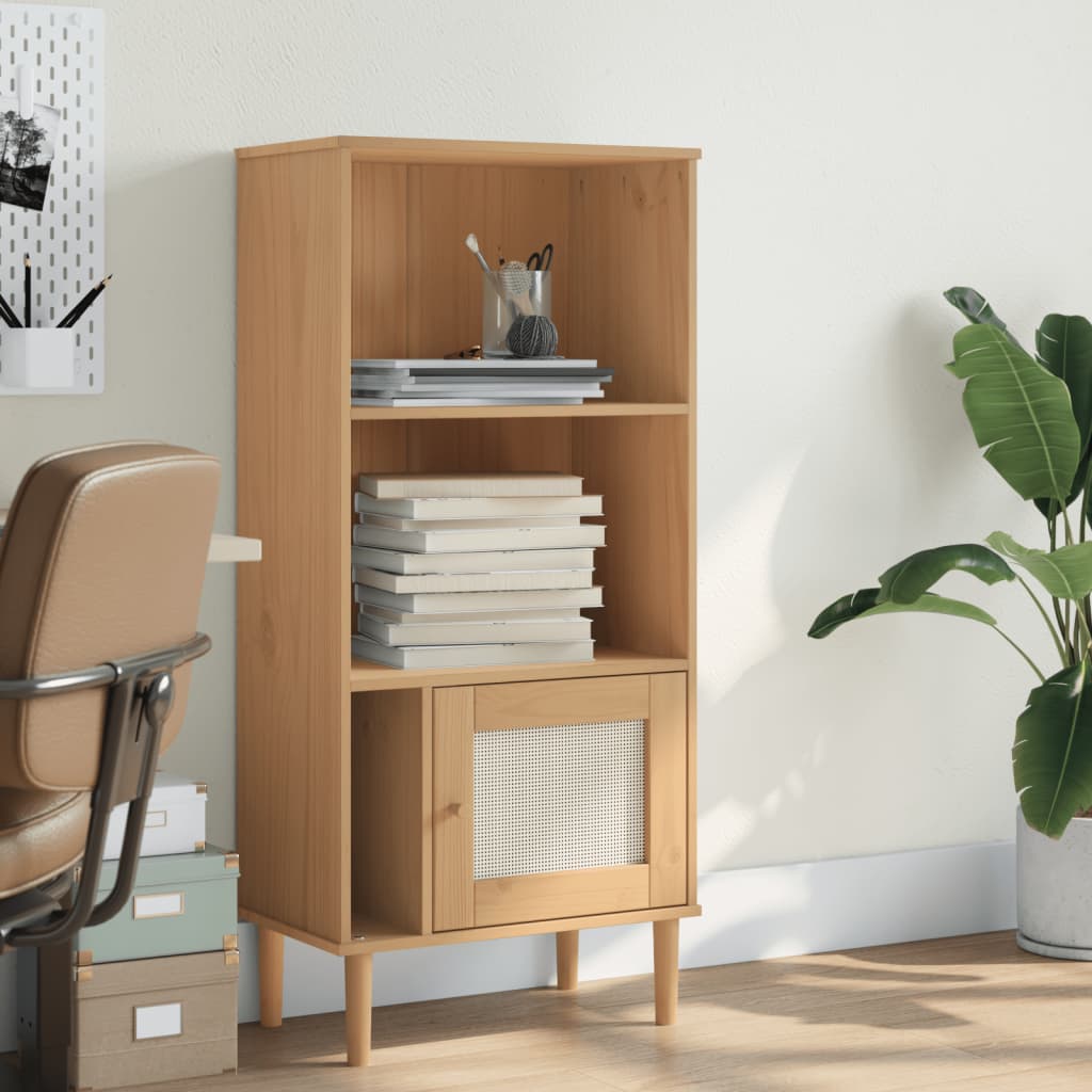 bogreol SENJA rattanlook 60x35x130 cm massivt fyrretræ brun