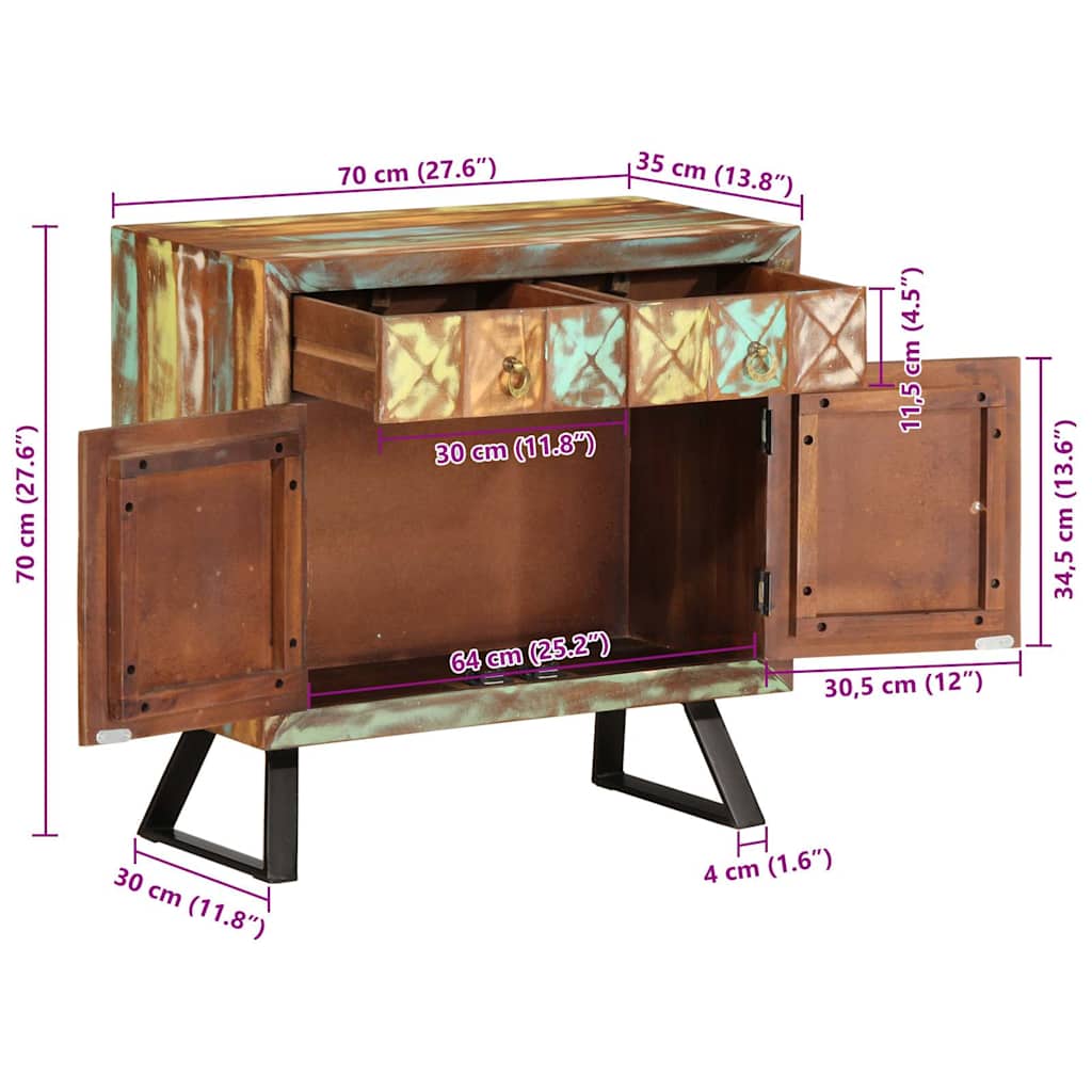 skuffeskab 70x35x70 cm massivt genbrugstræ flerfarvet