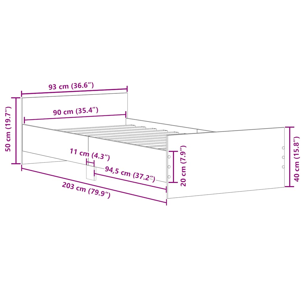sengeramme 90x200 cm uden madras konstrueret træ sonoma-eg