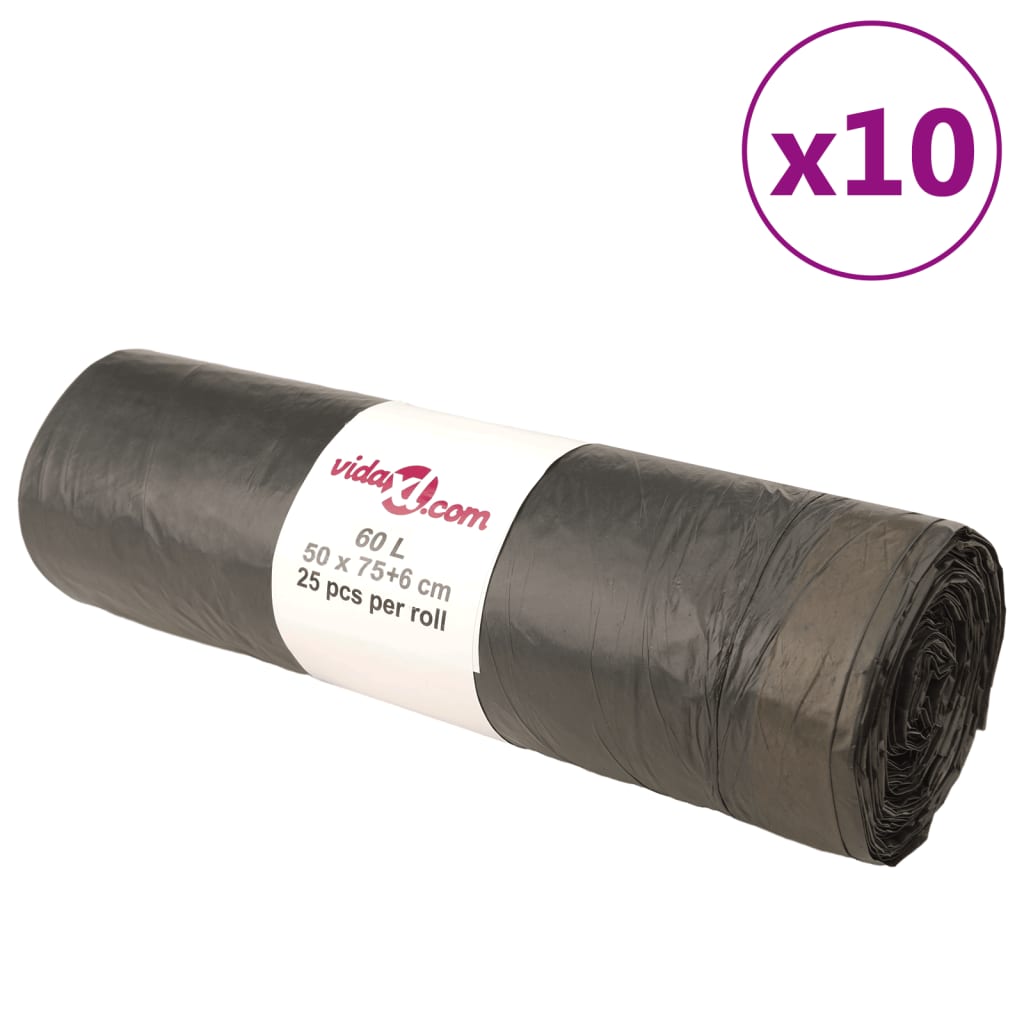 affaldsposer med lukkesnor 250 stk. 60 l sort
