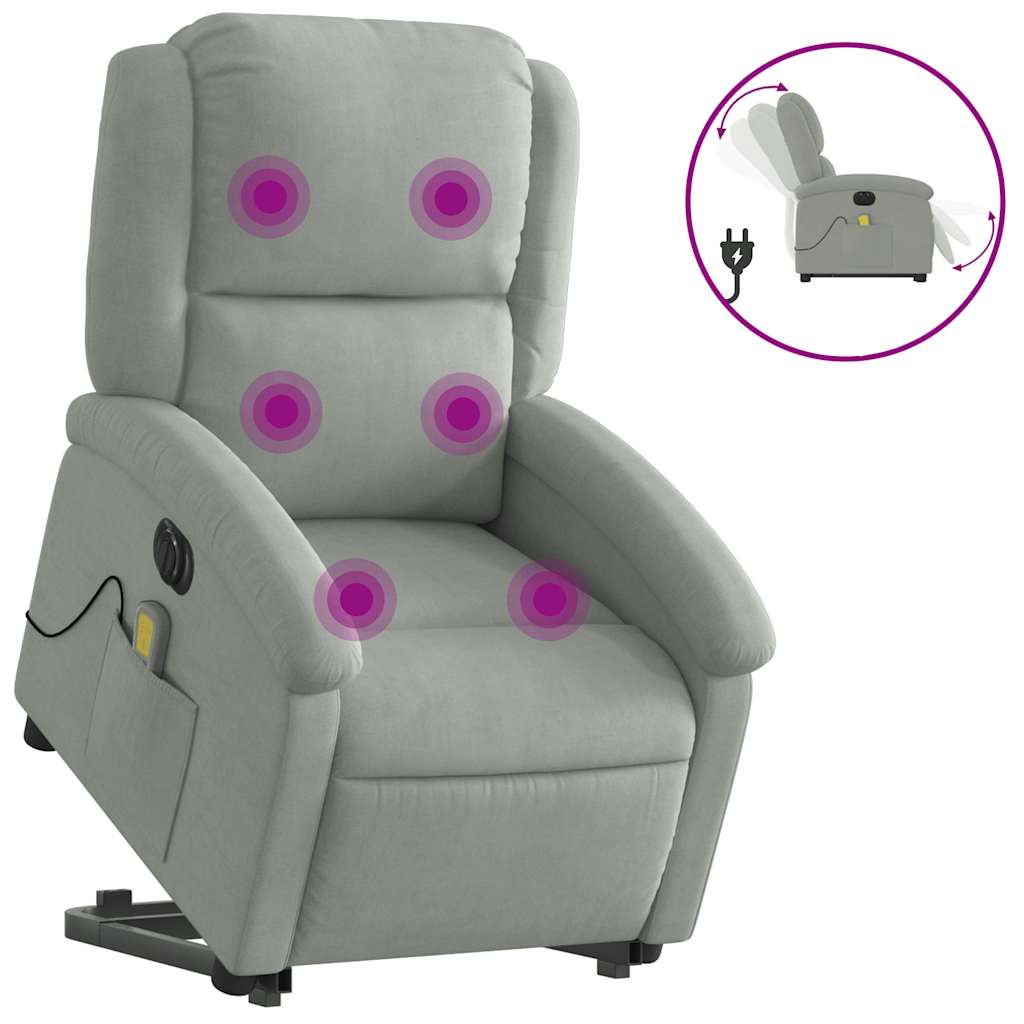 massagestol med løftefunktion velour lysegrå