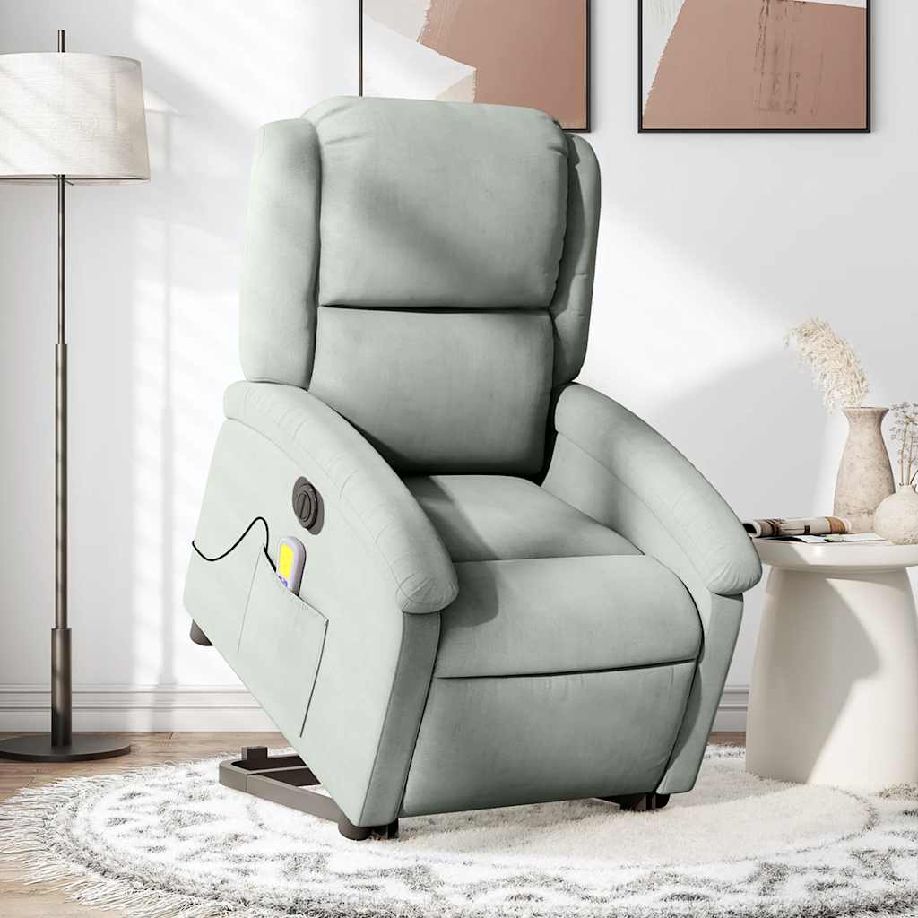 massagestol med løftefunktion velour lysegrå
