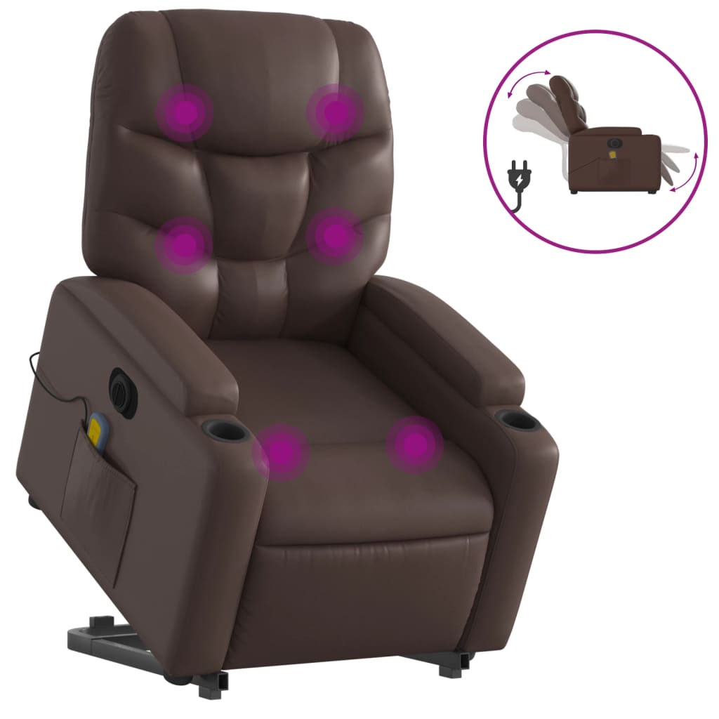 massagestol med løftefunktion kunstlæder brun