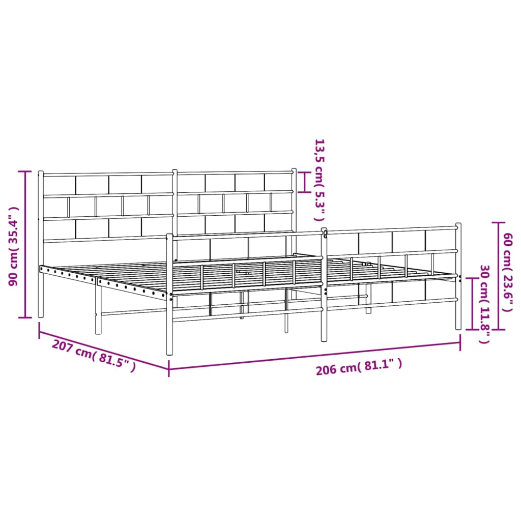 sengeramme med sengegavl og fodgærde 200x200 cm metal sort