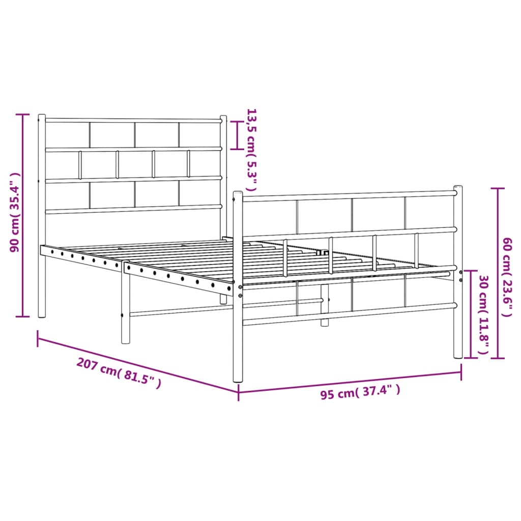 sengeramme med sengegavl og fodgærde 90x200 cm metal hvid