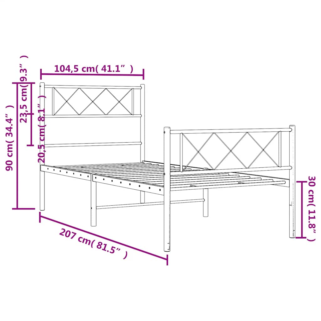 sengeramme med sengegavl og fodgærde 100x200 cm metal sort