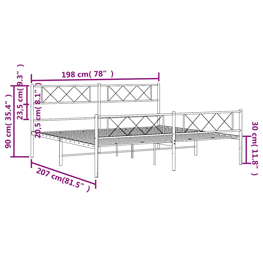sengeramme med sengegavl og fodgærde 193x203 cm metal sort