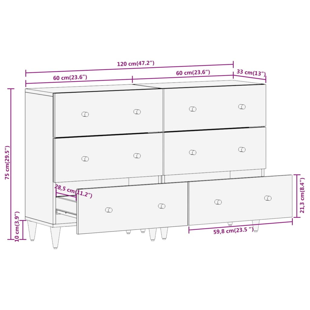 kommoder 2 stk. 60x33x75 cm massivt mangotræ