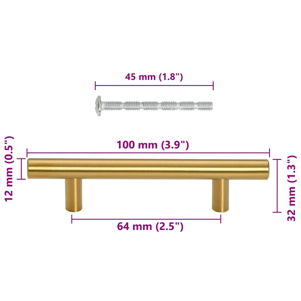 skabshåndtag 10 stk. hulafstand 64 mm samlet længde 100 mm rustfrit stål guldfarvet
