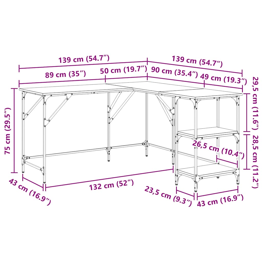 skrivebord 139x139x75 cm konstrueret træ sonoma-eg