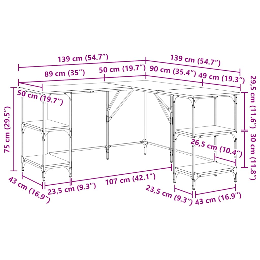 skrivebord 139x139x75 cm konstrueret træ røget egetræsfarve