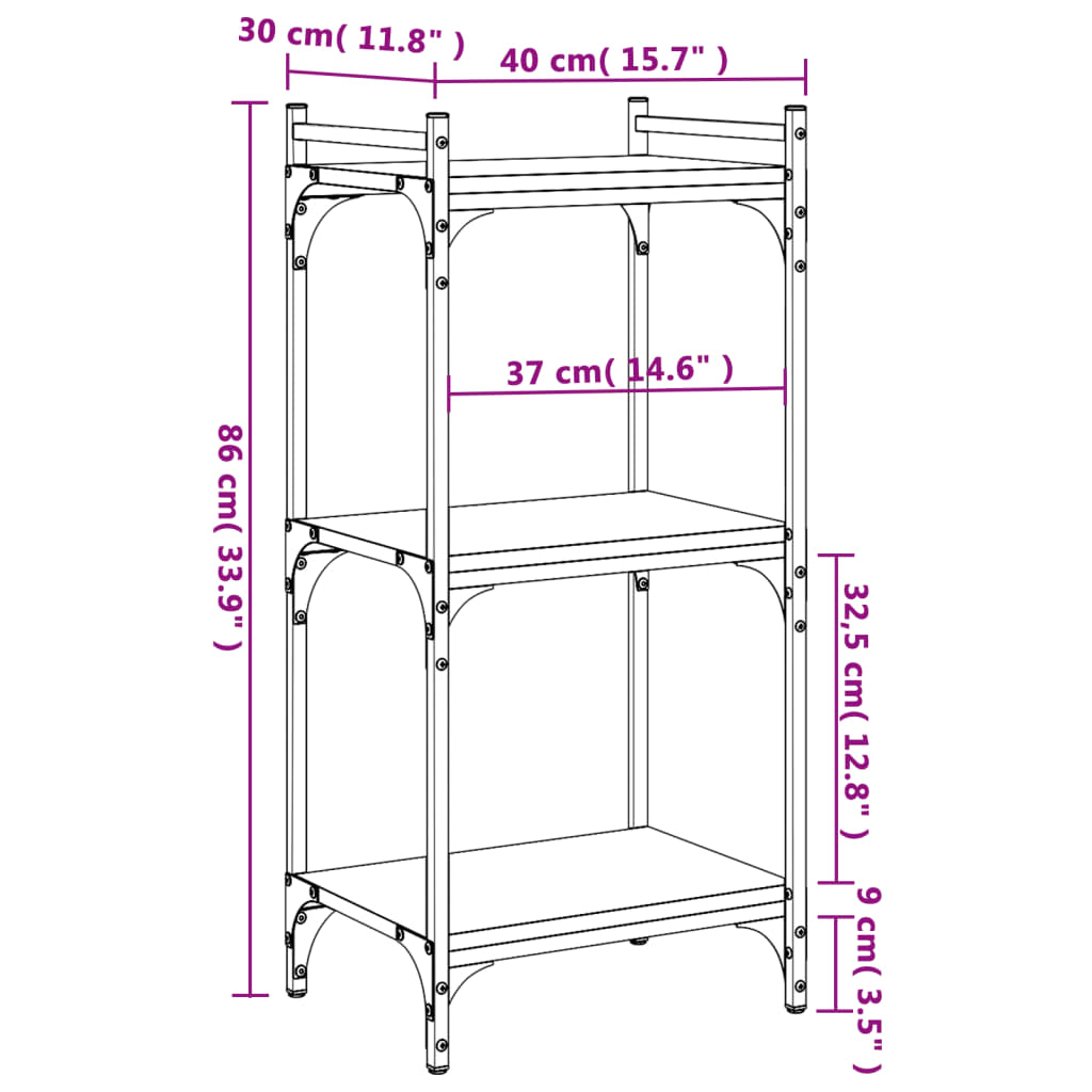 bogreol 3 hylder 40x30x86 cm konstrueret træ røget eg