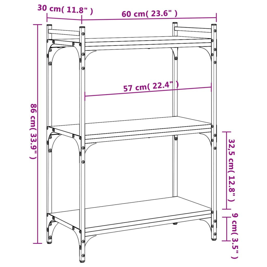 bogreol med 3 hylder 60x30x86 cm konstrueret træ sort