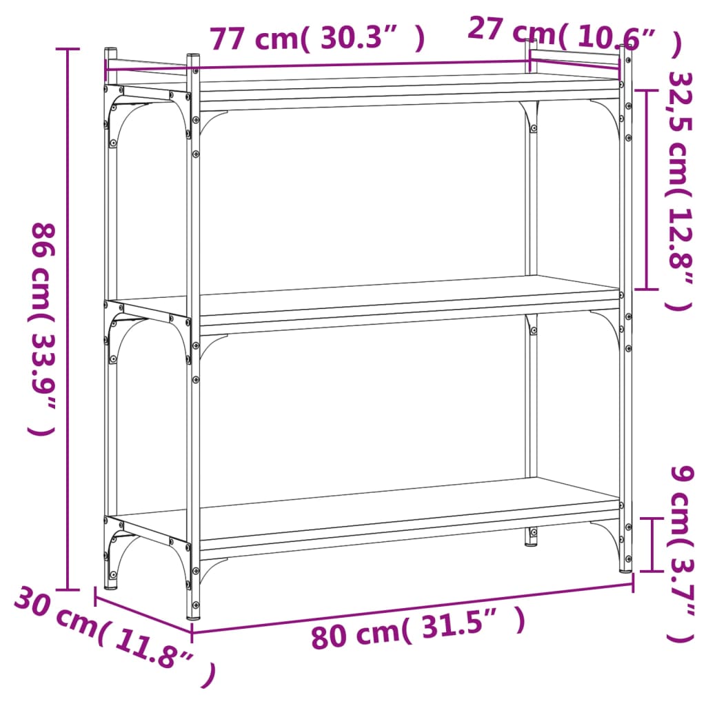 bogreol 3 hylder 80x30x86 cm konstrueret træ brun