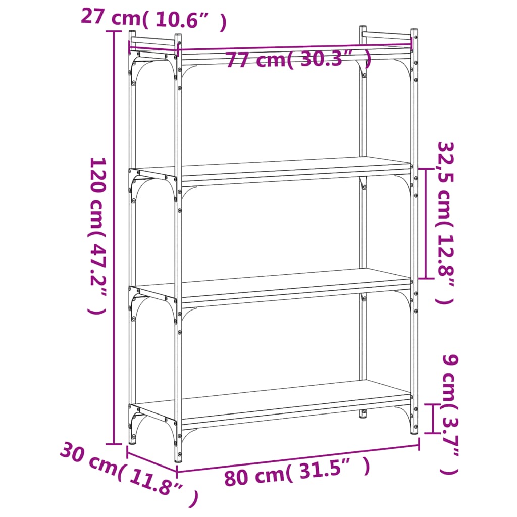 bogreol 4 hylder 80x30x120 cm konstrueret træ grå sonoma-eg