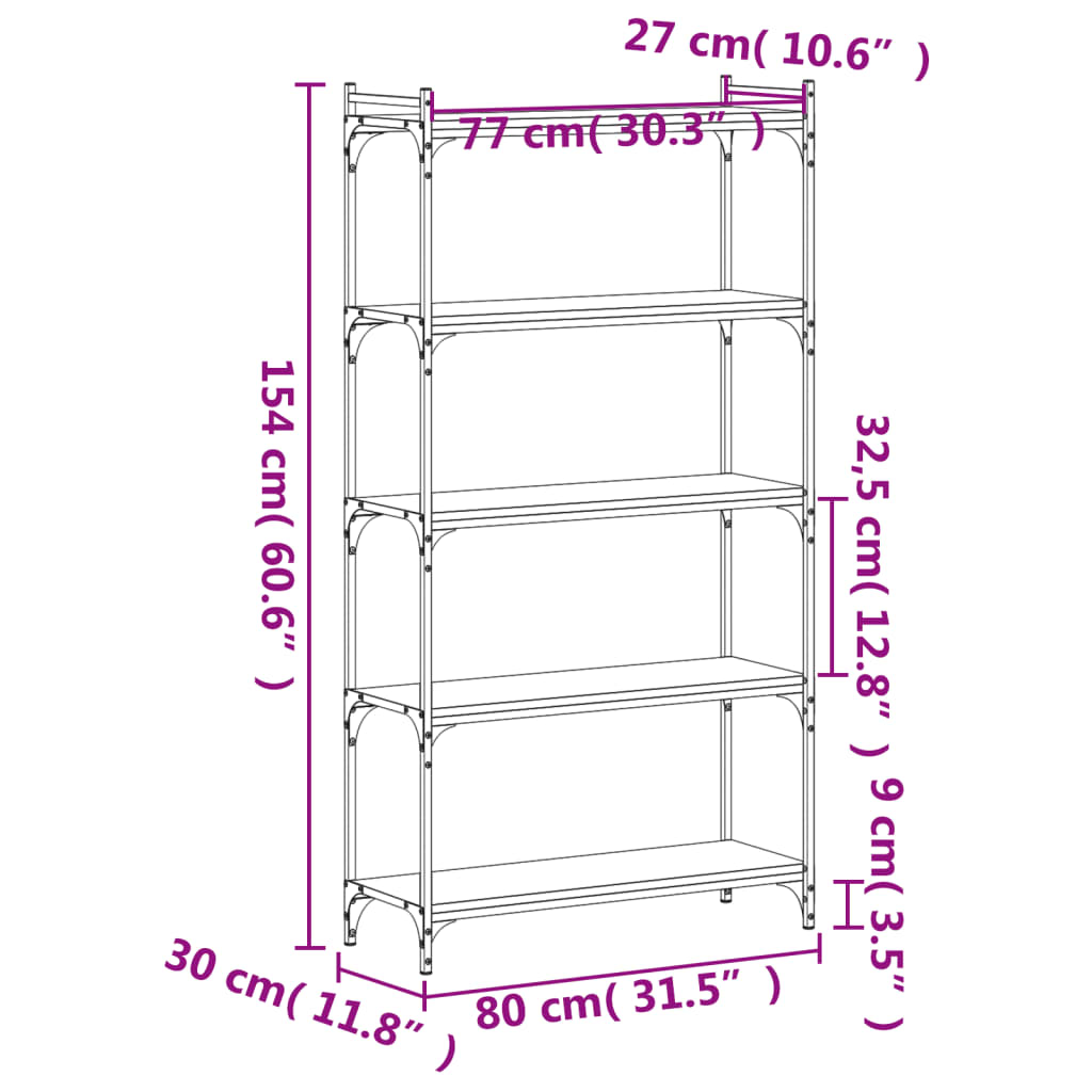 bogreol 5 hylder 80x30x154 cm konstrueret træ røget eg